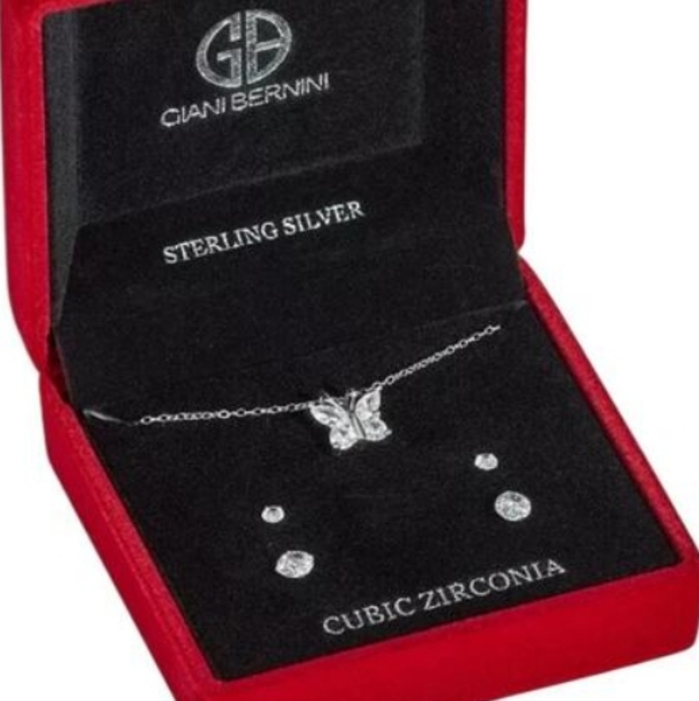 Giani Bernini Sterling Silver & CZ Butterfly Necklace & Earrings Set NWT